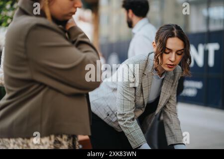 Focused team collaborating on a project outdoors Stock Photo