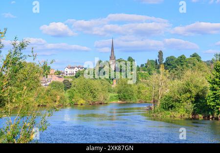 View from Ross River Bank Viewpoint of the spire of St Mary's church and river Wye, Ross-on-Wye, Herefordshire, Welsh borders, UK Stock Photo