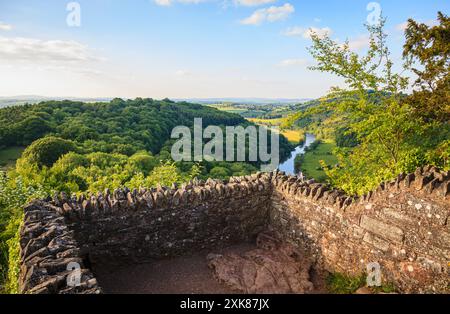 View over the spectacular Wye Valley gorge created by the River Wye and Forest of Dean, viewed from Symonds Yat Rock in soft summer afternoon light Stock Photo