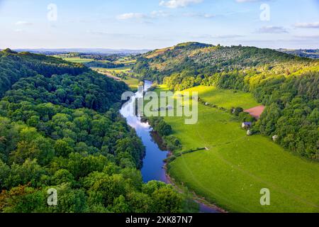 View over the spectacular Wye Valley gorge created by the River Wye and Forest of Dean, viewed from Symonds Yat Rock in soft summer afternoon light Stock Photo