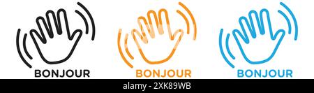 Bonjour text with hand wave icon vector logo set collection or bundle pack group Stock Vector