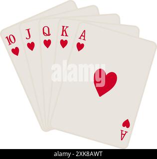 A hand of hearts playing cards including ten, jack, queen, king and ace to make a royal flush or straight flush in vector Stock Vector