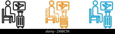 Traveler sitting in the airport lounge icon vector logo set collection or bundle pack group Stock Vector