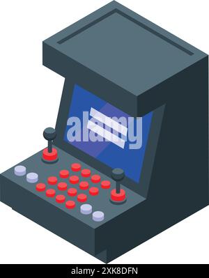 Blue arcade game machine with joysticks and screen standing on white ...