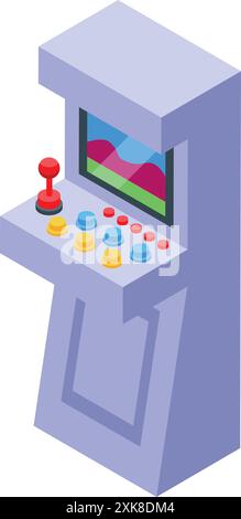 Arcade game machine with a joystick and buttons, displaying colorful pixels, is shown in this isometric illustration Stock Vector