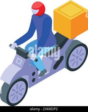 Delivery man wearing a helmet is riding a motorcycle and delivering a parcel with a yellow box Stock Vector
