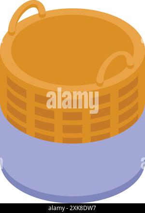 Round empty basket with handles is standing on white background, storage of products concept Stock Vector
