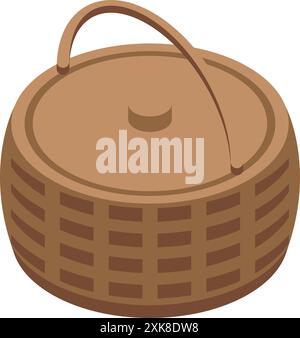 Round wicker basket with handle for camping trip is standing on white background Stock Vector