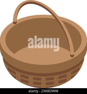 Empty wicker basket standing with handle up isolated on white background isometric view Stock Vector