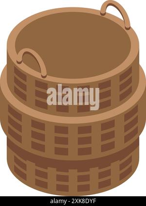 Empty round wicker basket with handles standing on white background Stock Vector