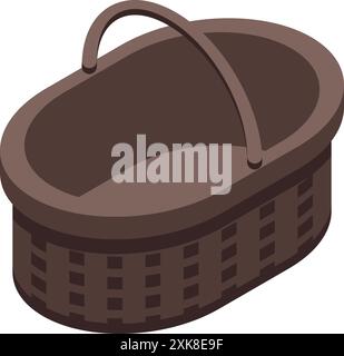 Empty wicker basket standing with raised handle isometric icon isolated on white background Stock Vector