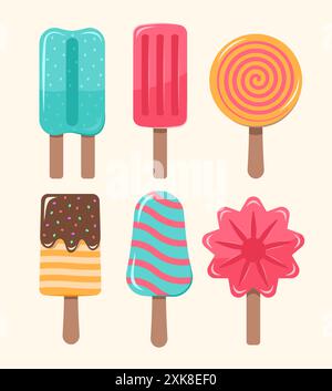 Set of Colorful Ice Creams and Popsicle for Sweet and Dessert Concept Illustration Clip Art Stock Vector