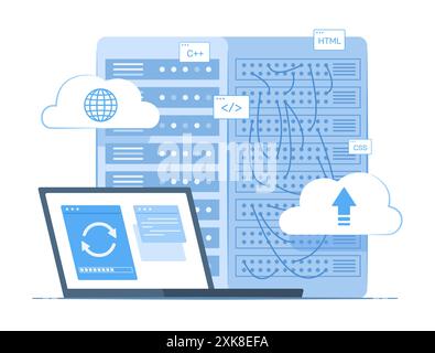 Laptop Computer Syncing Data with Cloud Computing Server for Wireless Network Connection Technology Concept Illustration Stock Vector