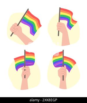 Set of Hands Holding LGBT Rainbow Flags for Gay Pride Concept Illustration Stock Vector