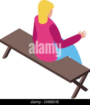 Young woman sitting on a bench is gesturing with her hand as if talking to someone Stock Vector