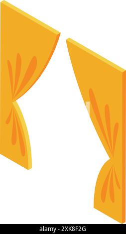Yellow curtains are opening on stage in isometric view, revealing upcoming show Stock Vector