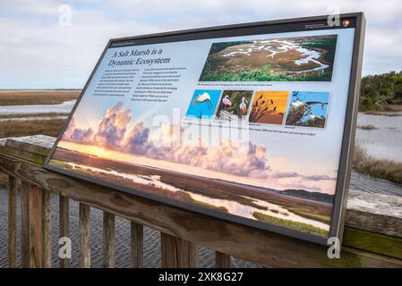 Salt marsh observation deck on an oyster midden along the St. Johns River at the Theodore Roosevelt Area in Jacksonville, Florida's Timucuan Preserve. Stock Photo