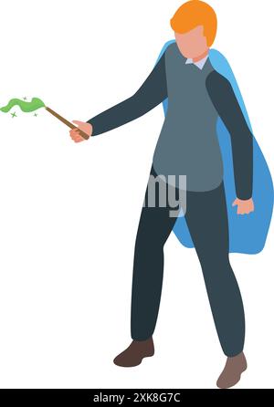 Young illusionist wearing a blue cape is casting a spell with his magic wand, creating a green magical effect Stock Vector