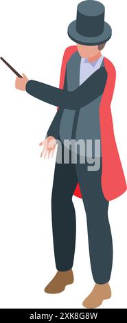 Magician wearing a cape and top hat is gesturing with his hand while holding a magic wand Stock Vector