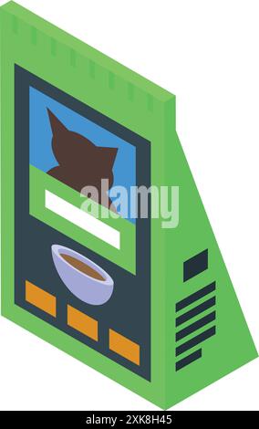 Green bag of dry cat food with a cat face and bowl icon, promoting healthy pet nutrition Stock Vector