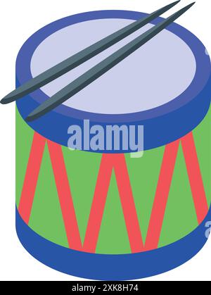 Colorful toy drum with drumsticks lying on top on a white background Stock Vector