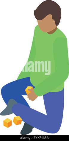 Boy playing with building blocks, developing his logic skills and having fun Stock Vector