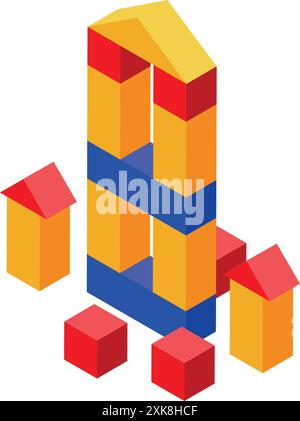 Colorful toy tower made of plastic blocks, developing creativity and imagination Stock Vector