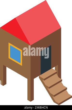 Wooden chicken coop with a red roof standing on four legs, isometric view Stock Vector