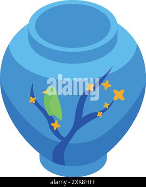 Blue ceramic vase with bird and tree decoration isometric icon isolated on white background Stock Vector