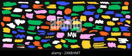 Multicolored doodle brush strokes vector art on black background. Childish drawing of curved lines and straight smears neon illustration set Stock Vector