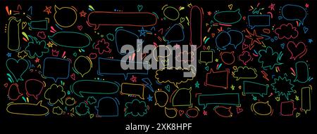 Chat balloons doodle line strokes vector icons on black background. Speech babbles with ornaments multicolor neon illustration set Stock Vector