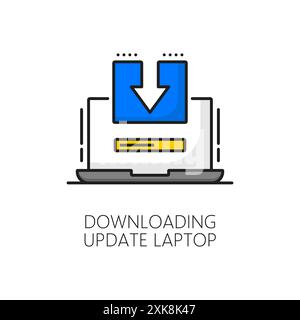 Laptop software update downloading color line icon. Personal computer application update, computer system upgrade or PC app maintenance linear vector Stock Vector