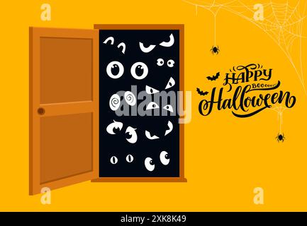 Halloween holiday door with cartoon monster eyes gleaming with mischievous delight, welcomes trick-or-treaters into a realm of playful spookiness and Stock Vector