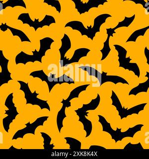 Halloween bats silhouettes seamless pattern on orange background. Black vampire monster animals flying with spread wings vector backdrop, Halloween ho Stock Vector