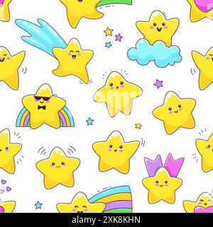 cartoon cute funny kawaii stars and twinkle characters seamless pattern. Vector whimsical and charming background with adorable celestial personages s Stock Vector