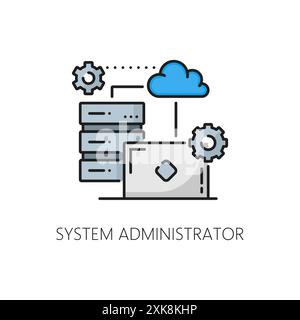 System administrator icon of web development and IT specialist career and job vacancy, vector color line. Sysadmin or IT support and network maintenan Stock Vector