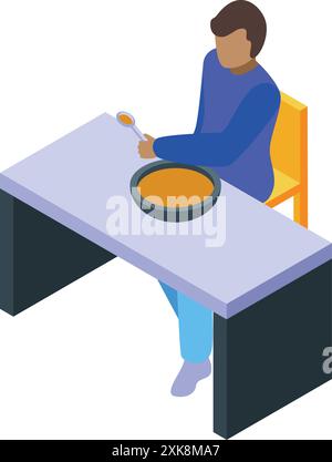 Young man holding spoon, sitting at table and eating soup from bowl Stock Vector