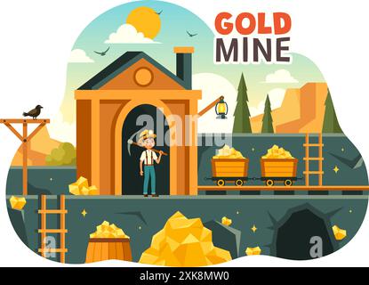 Gold Mine Vector Illustration with Mining Industry Activity Featuring Treasure, Piles of Coins, Jewelry, and Gems in a Flat Style Cartoon Background Stock Vector