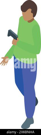 Young man is immersed in a captivating virtual reality game, holding a console Stock Vector