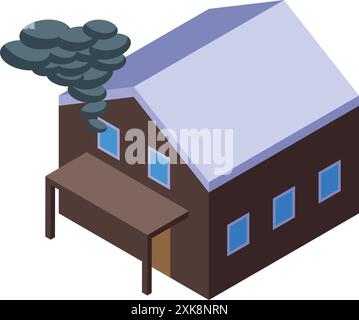 Small residential house with smoke billowing from its roof, depicting a fire emergency in isometric view Stock Vector