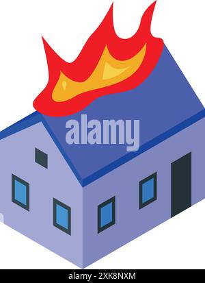 Isometric building on fire, fire hazard concept Stock Vector