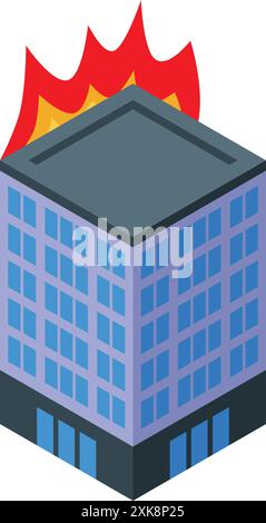 Isometric building with fire on the roof, concept of fire in the office Stock Vector