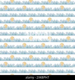 Seamless pattern with blue waves and sun Stock Photo
