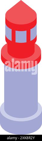 Red and grey lighthouse standing on shore guiding ships with bright light, isometric icon Stock Vector