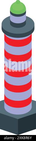 Classic red and white striped lighthouse standing tall, emitting a bright light to guide ships safely through the water Stock Vector