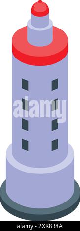 Isometric icon of a tall lighthouse with a red top, guiding ships at sea with its powerful light Stock Vector