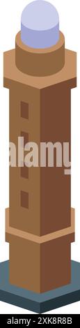 Isometric tall brown lighthouse standing on hexagonal base, isolated on white Stock Vector