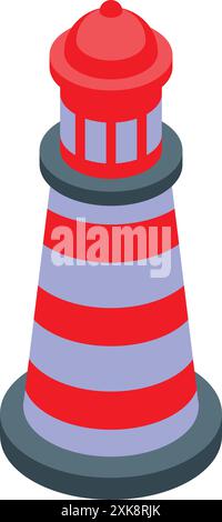 Red and white striped lighthouse standing on a shore, emitting light and guiding ships at sea Stock Vector