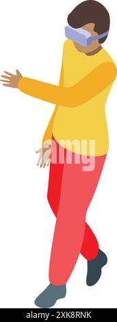 Young man is immersed in a virtual reality experience, interacting with the digital world Stock Vector