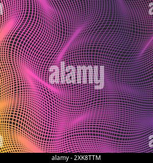 Distorted wave grid purple, pink and yellow color texture. Modern dynamical rippled curve surface background. Technology grid pattern of lines, distor Stock Vector
